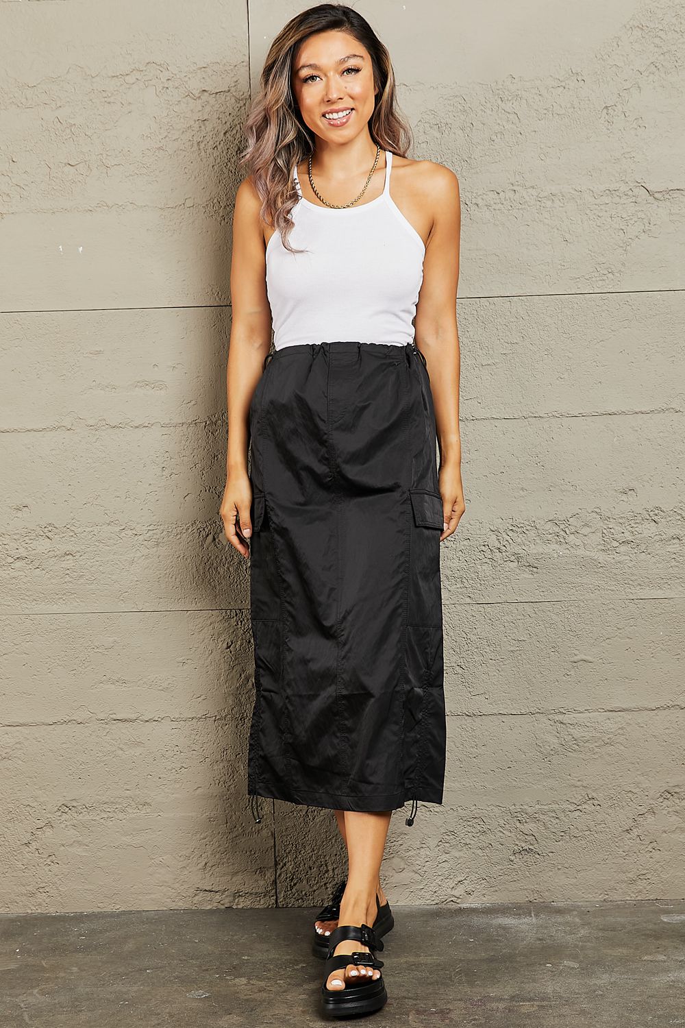ONLINE EXCLUSIVE Just In Time High Waisted Cargo Midi Skirt in Black