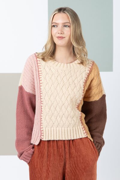ONLINE EXCLUSIVE Color Block Cable Knit Long Sleeve Sweater