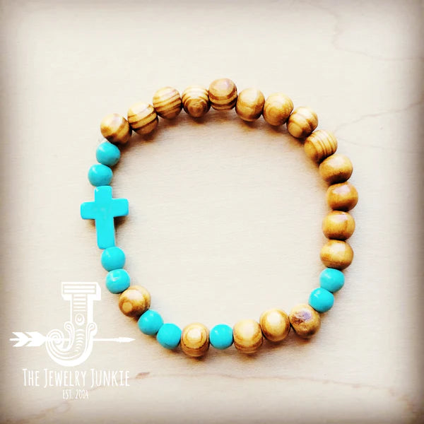 Bracelet Bar-Wood & Blue Turquoise Beads