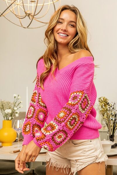 ONLINE EXCLUSIVE V-Neck Crochet Long Sleeve Sweater