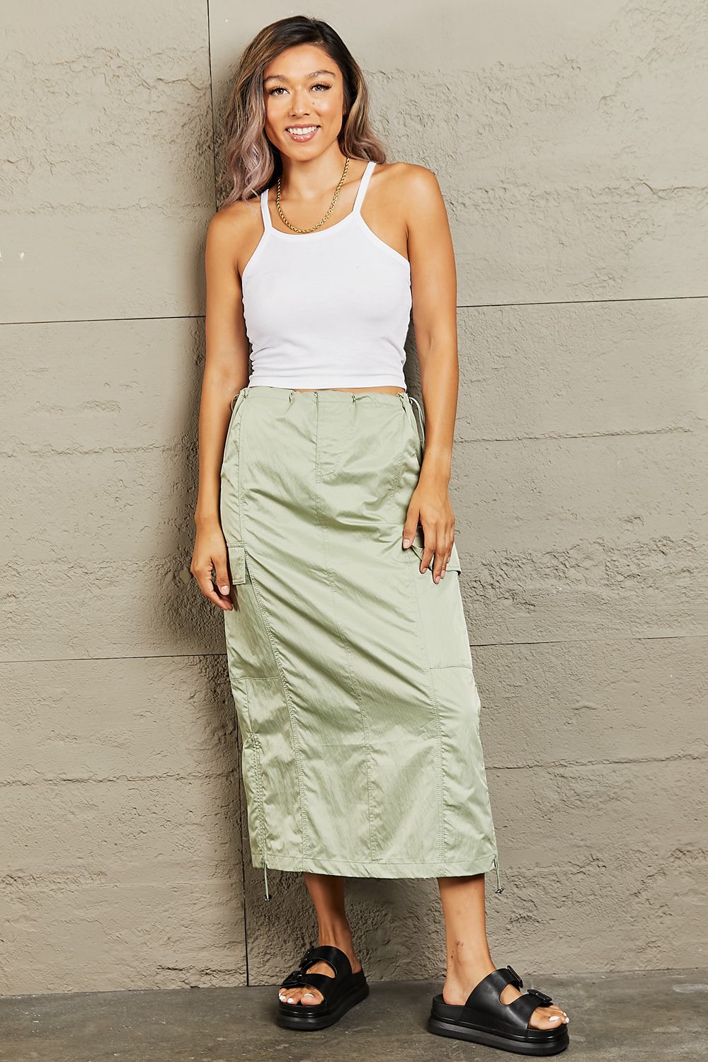ONLINE EXCLUSIVE Just In Time High Waisted Cargo Midi Skirt