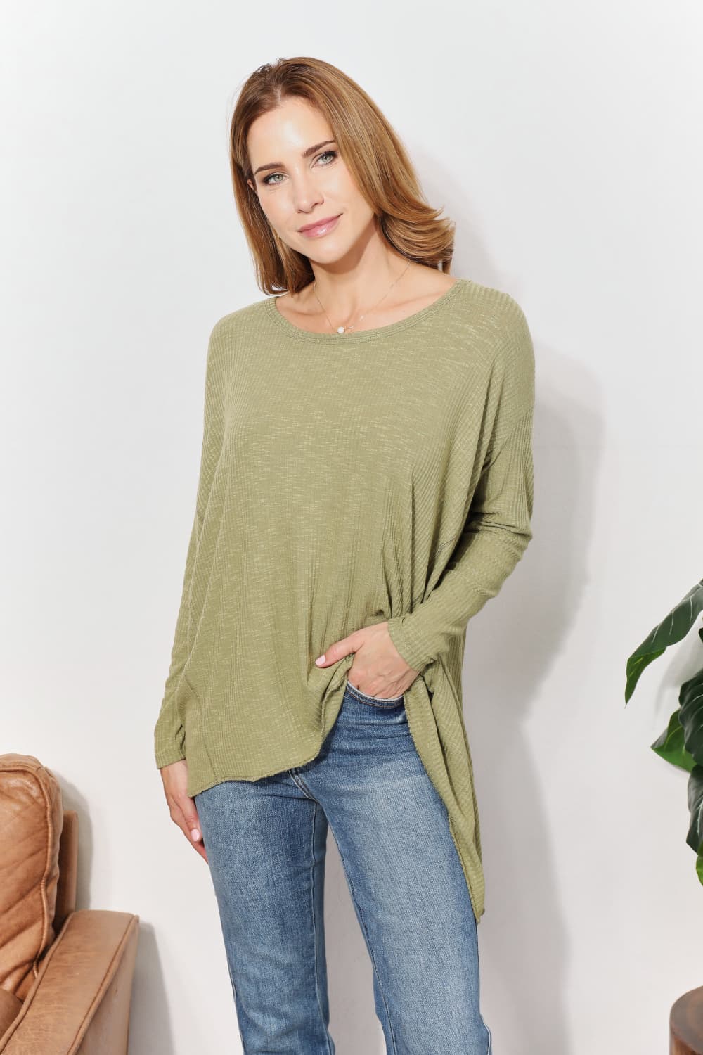 ONLINE EXCLUSIVE Oversized Super Soft Rib Layering Top with a Sharkbite Hem and Round Neck