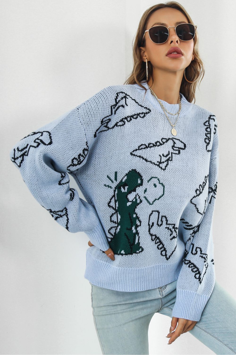 ONLINE EXCLUSIVE Dinosaur Pattern Round Neck Sweater