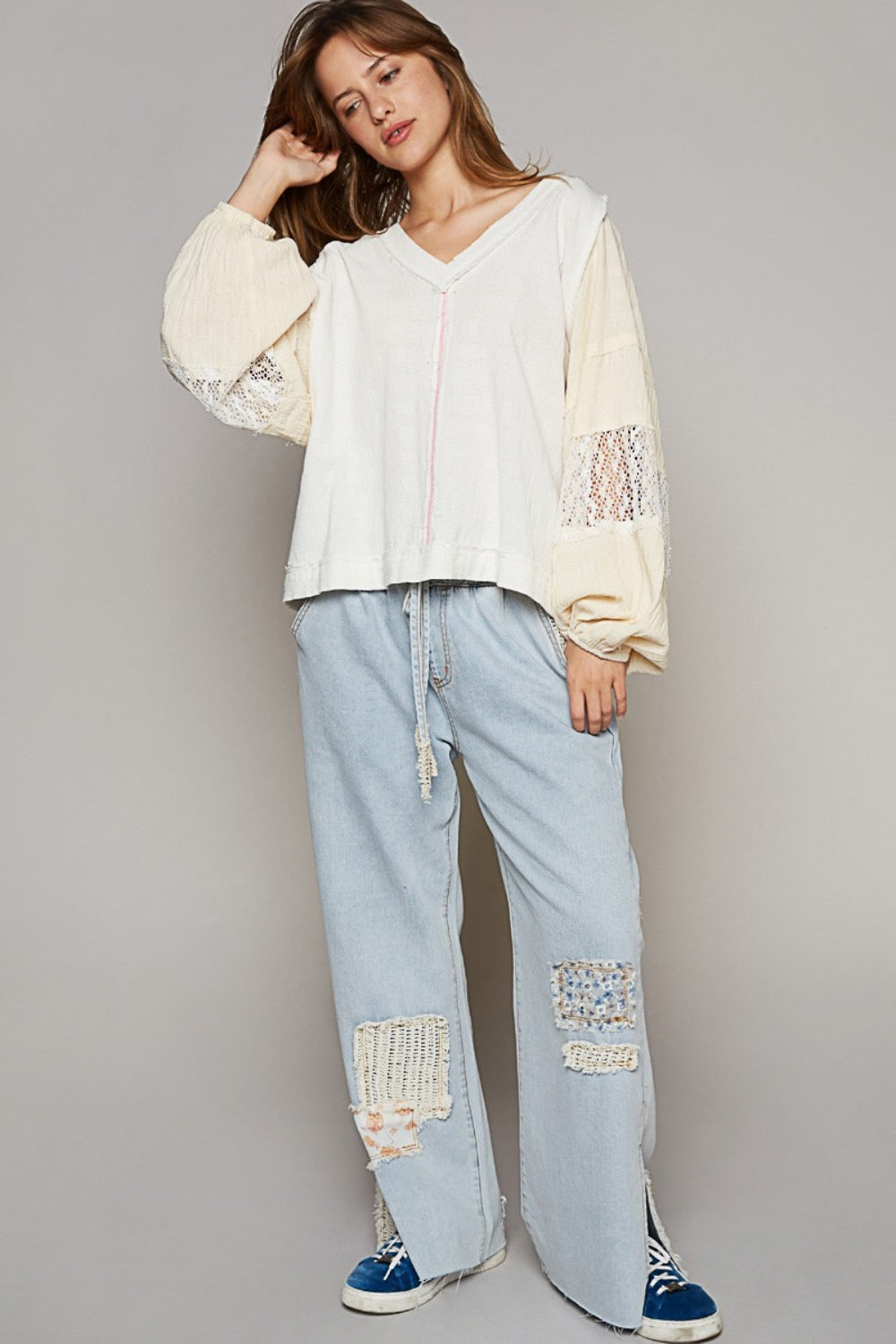 ONLINE EXCLUSIVE POL Balloon Sleeve Crochet Patch Top