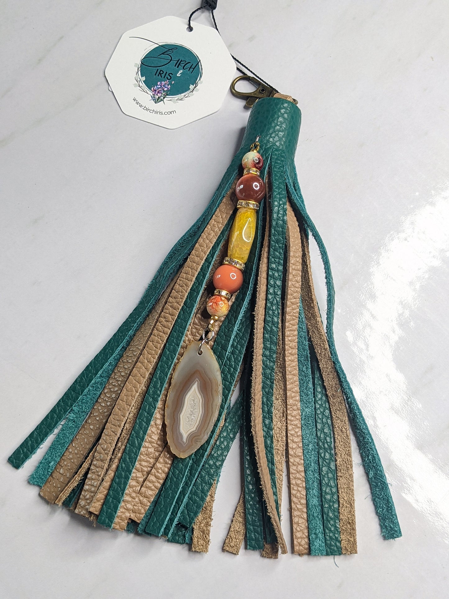 Large Handcrafted Leather purse tassel clip with genuine Agate