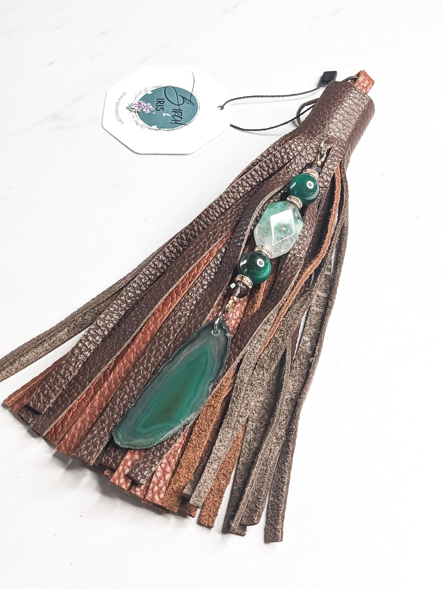 Large Handcrafted Leather purse tassel clip with genuine Agate