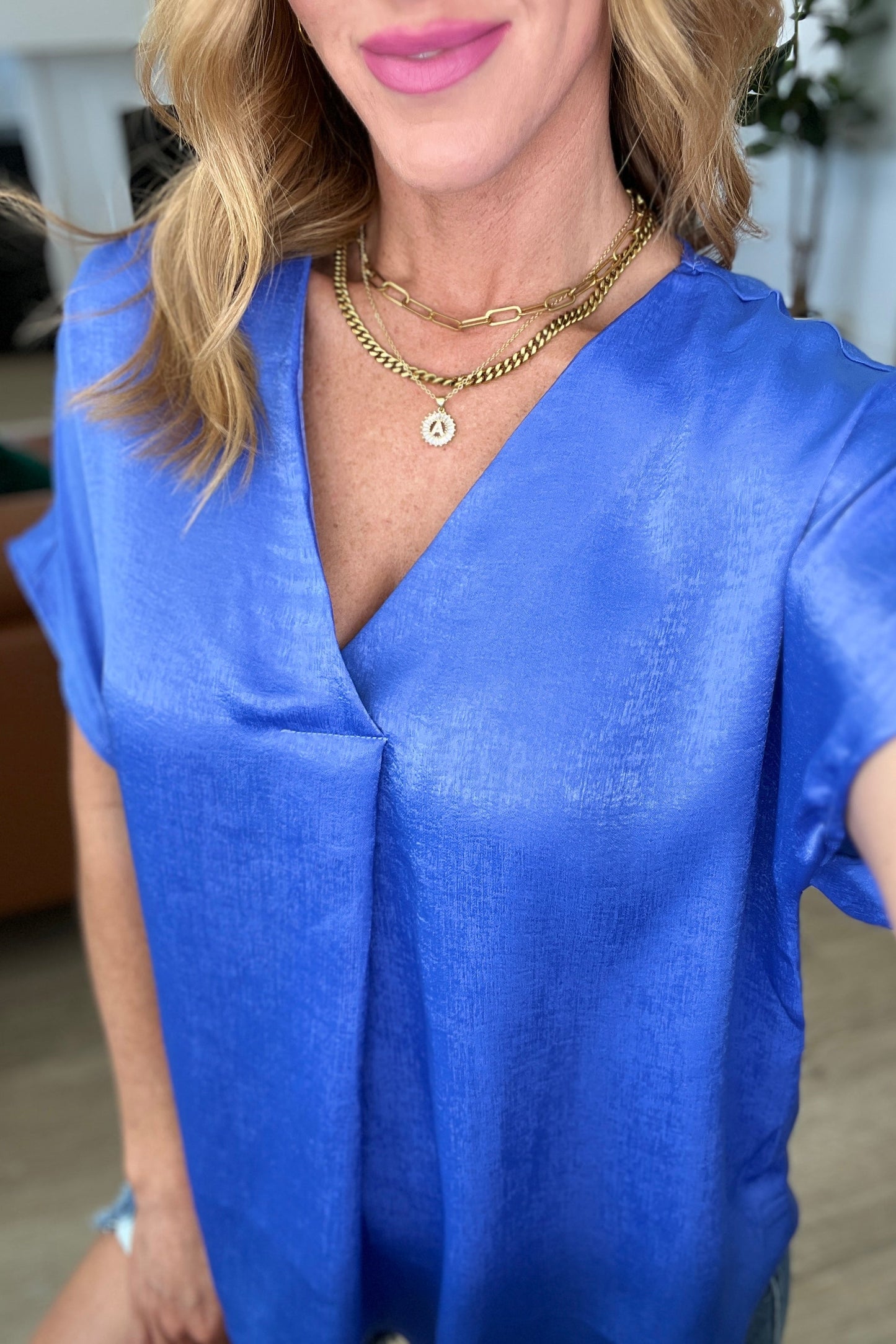 ONLINE EXCLUSIVE Pleat Front V-Neck Top in Royal Blue