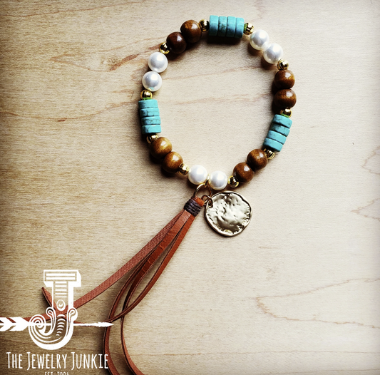 Freshwater Pearl, Wood, Turquoise Bracelet w/ Coin and Tassel