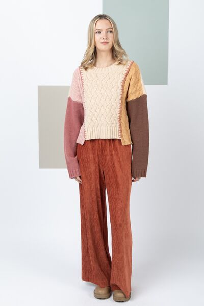ONLINE EXCLUSIVE Color Block Cable Knit Long Sleeve Sweater