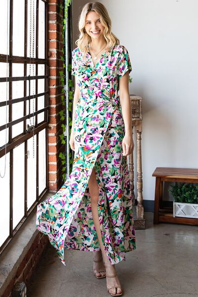 ONLINE EXCLUSIVE Slit Printed Surplice Tie Waist Short Sleeve Dress