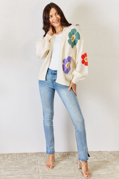 ONLINE EXCLUSIVE J.NNA Open Front Flower Pattern Long Sleeve Sweater Cardigan