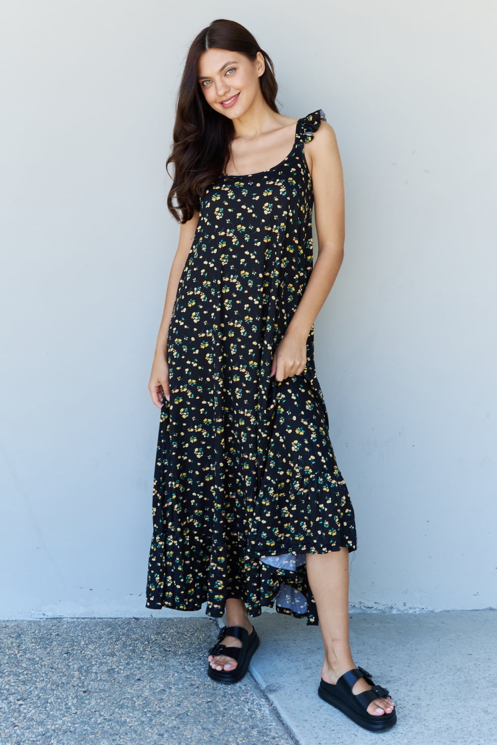 ONLINE EXCLUSIVE In The Garden Ruffle Floral Maxi Dress in  Black Yellow Floral
