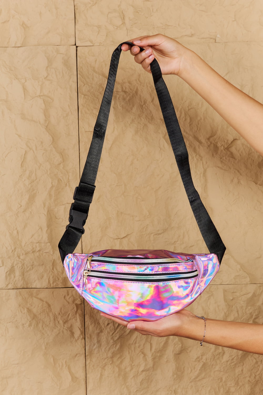 ONLINE EXCLUSIVE  Good Vibrations Holographic Double Zipper Fanny Pack in Hot Pink