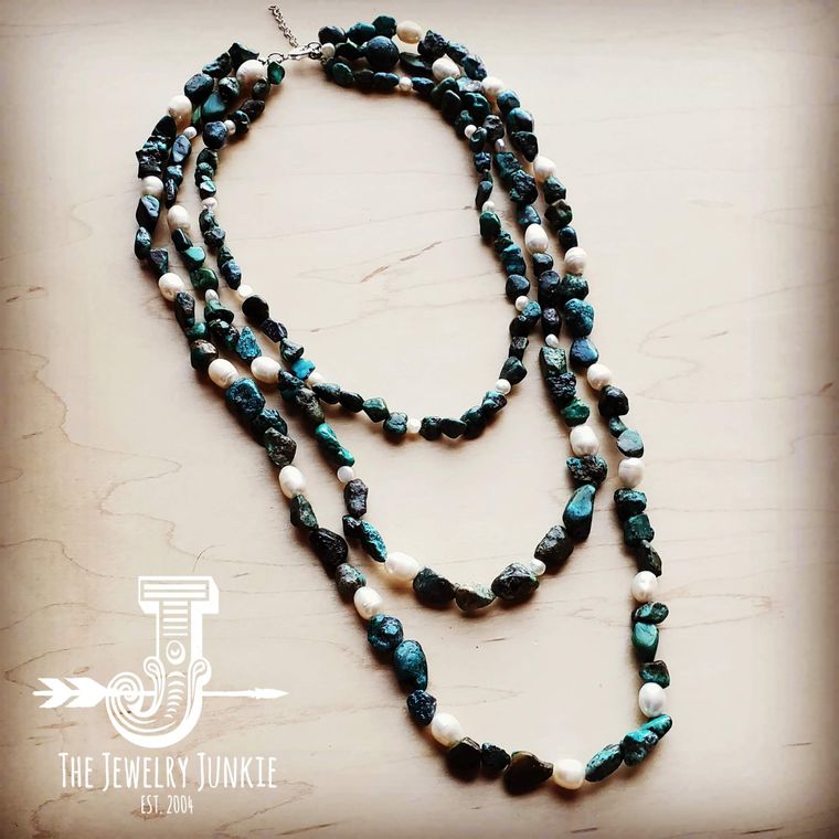 Natural Turquoise and Freshwater Pearl Triple Strand Necklace