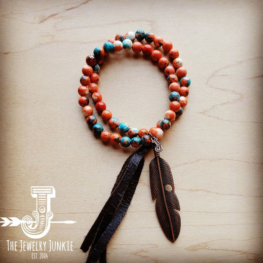 Multi-Colored Double Strand Jade Bracelet w/ Feather and Tassel