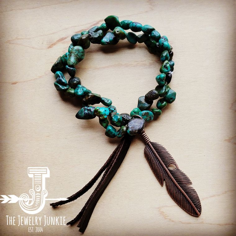 Double Strand Natural Turquoise Bracelet w/ Feather and Tassel