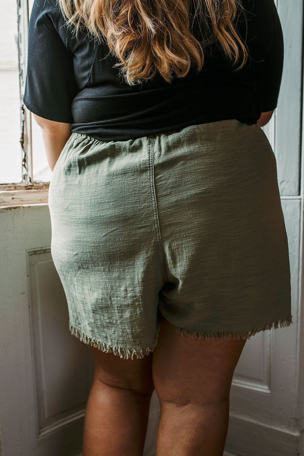 Raw Edge and Patchwork Detail Elastic Waist Shorts
